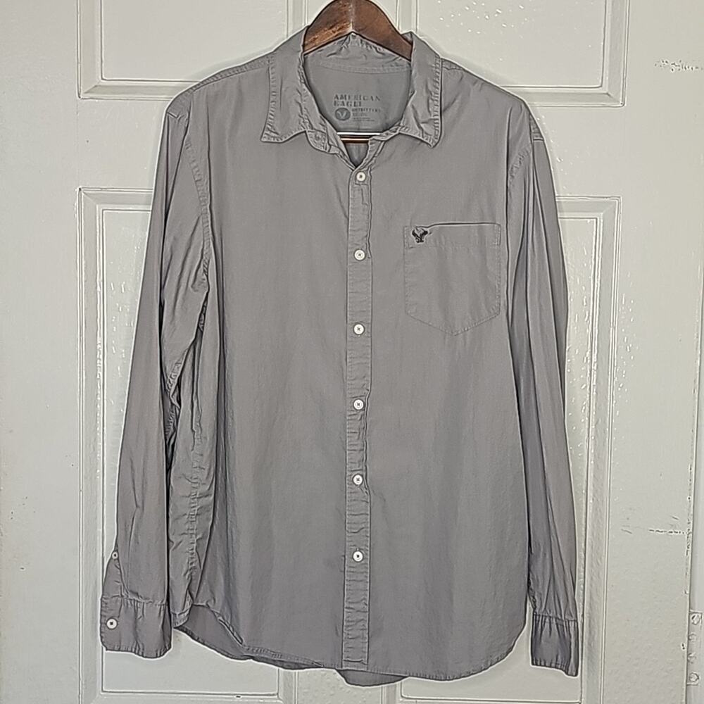 Men's Grey Button Down Long Sleeve American Eagle Shirt XXL